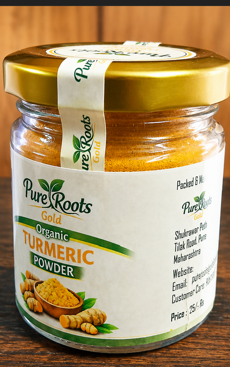 PureRoots Gold organic Lakadong turmeric powder jar